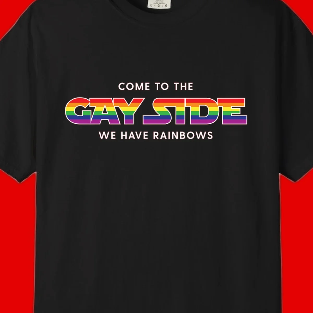 Rainbow pride flag striped text reading "Come To The Gay Side We Have Rainbows" with white outlined lettering on gray background