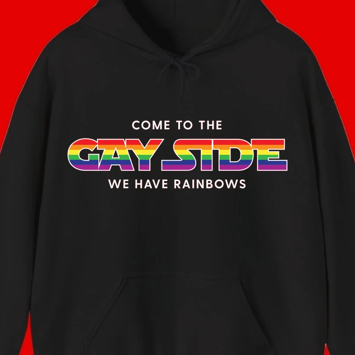 Rainbow pride flag striped text reading "Come To The Gay Side We Have Rainbows" with white outlined lettering on gray background