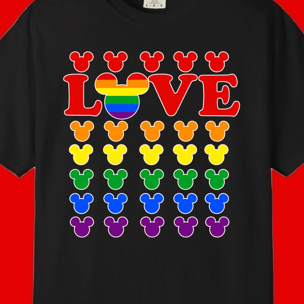 Mickey Love Pride design featuring bold red LOVE text with rainbow-striped Mickey head and colorful Mickey silhouettes border