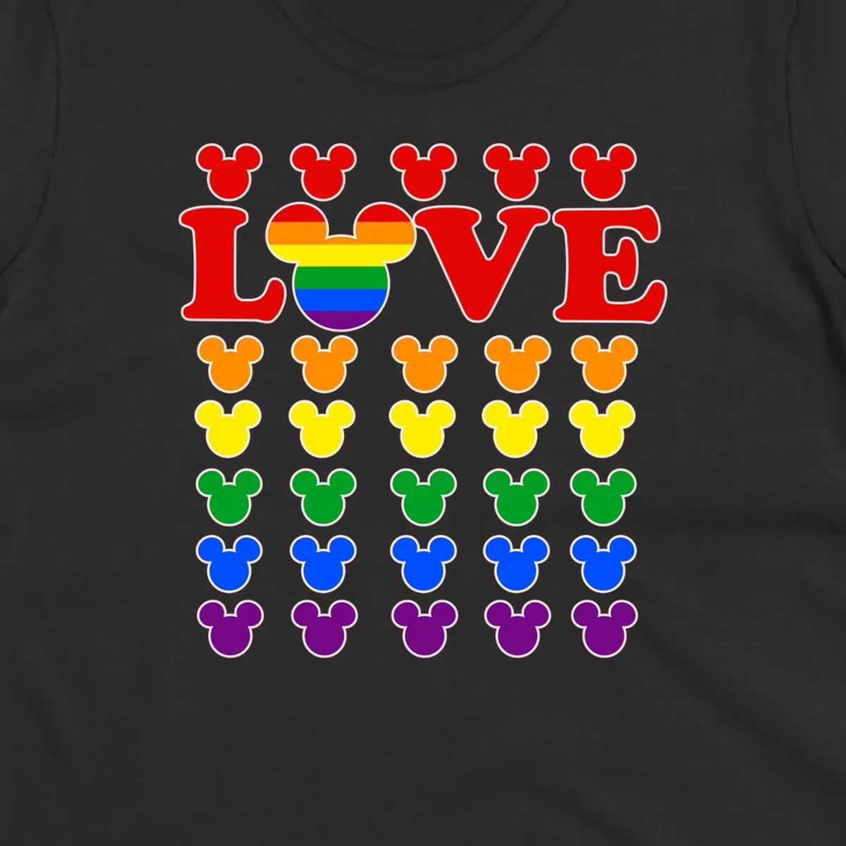 Mickey Love Pride design featuring bold red LOVE text with rainbow-striped Mickey head and colorful Mickey silhouettes border