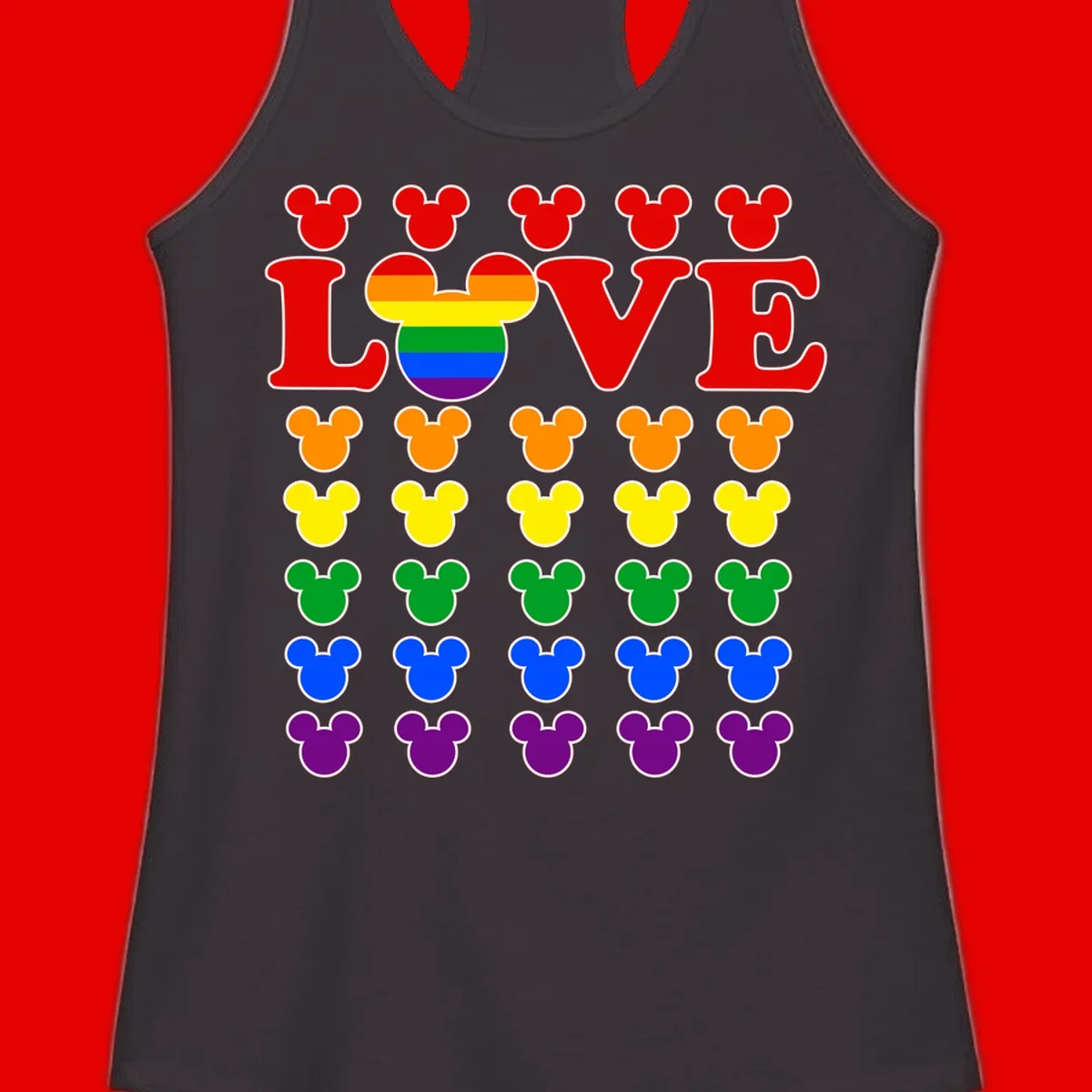 Mickey Love Pride design featuring bold red LOVE text with rainbow-striped Mickey head and colorful Mickey silhouettes border