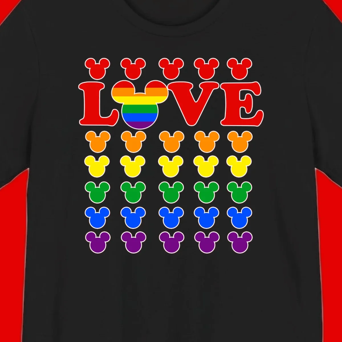 Mickey Love Pride design featuring bold red LOVE text with rainbow-striped Mickey head and colorful Mickey silhouettes border