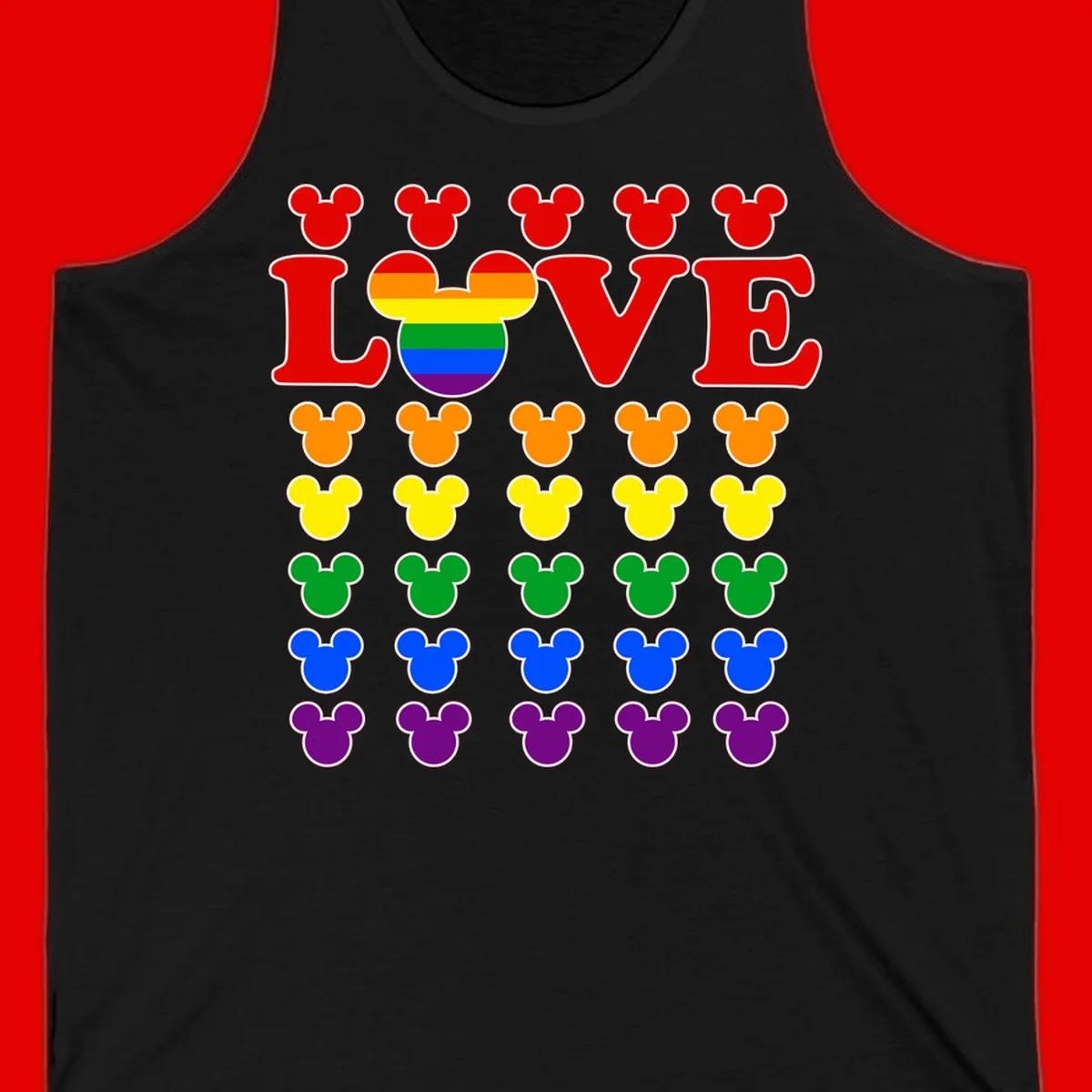 Mickey Love Pride design featuring bold red LOVE text with rainbow-striped Mickey head and colorful Mickey silhouettes border