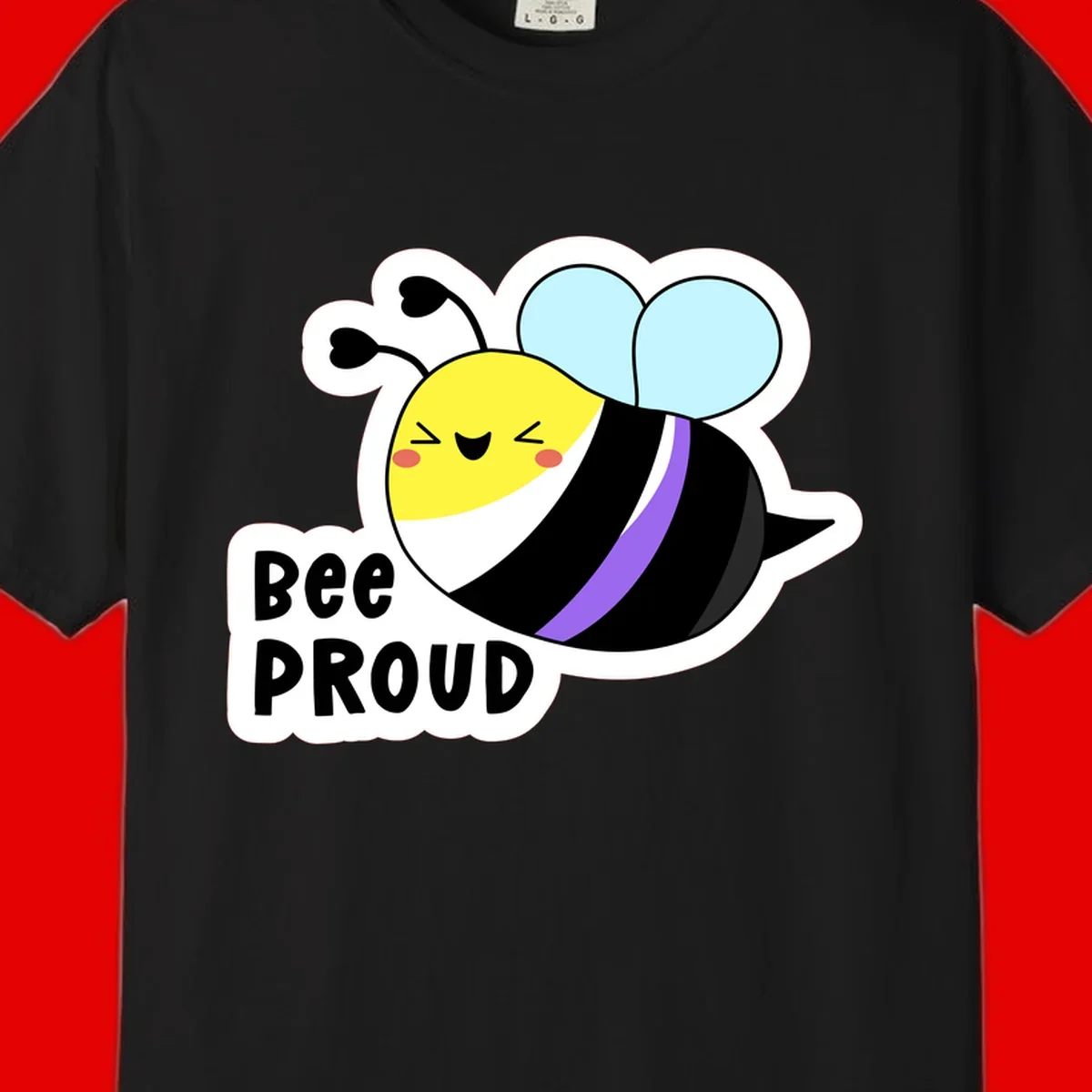Cartoon bee with yellow head, purple-striped black body, and blue wings smiling happily with text 'BEE PROUD' below