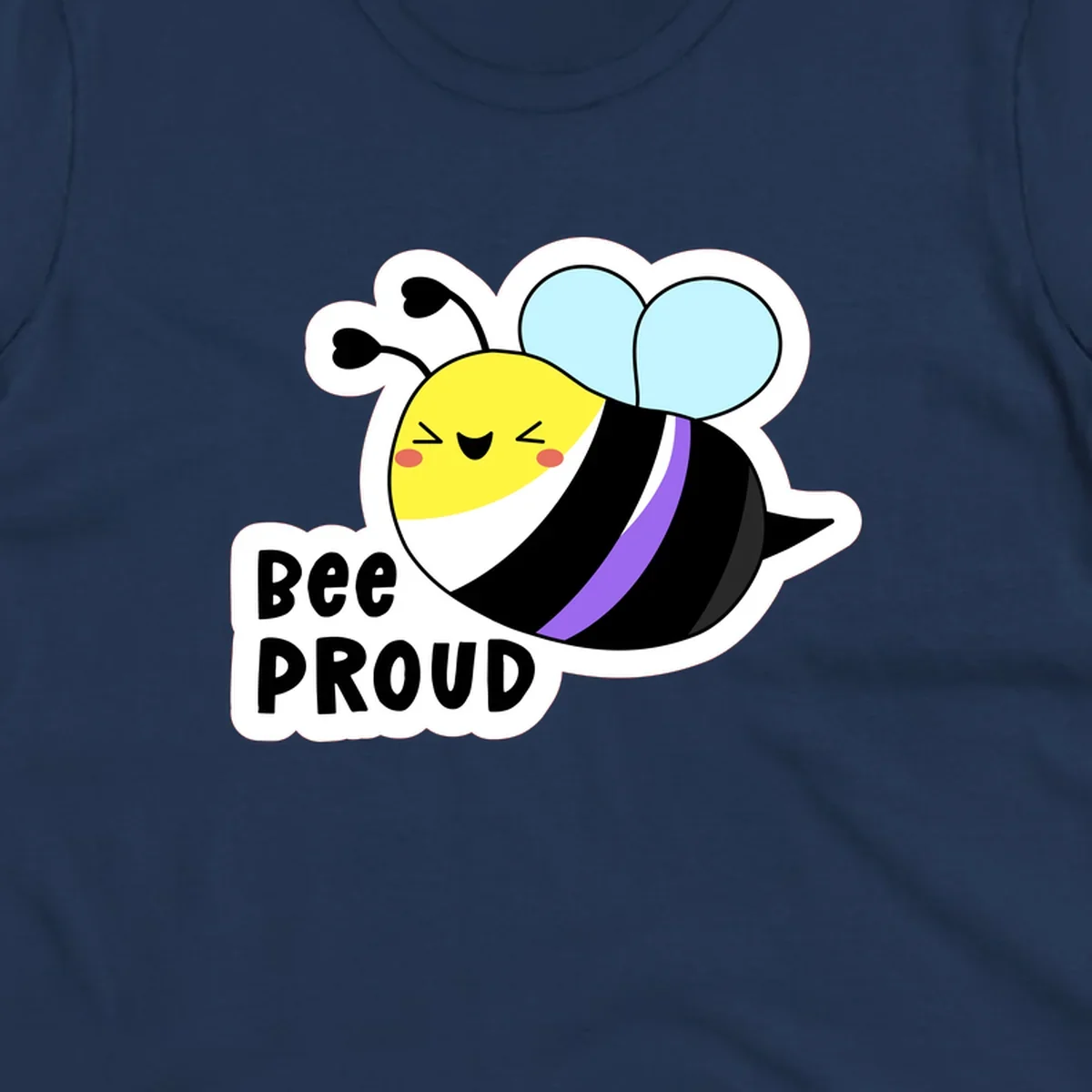Cartoon bee with yellow head, purple-striped black body, and blue wings smiling happily with text 'BEE PROUD' below