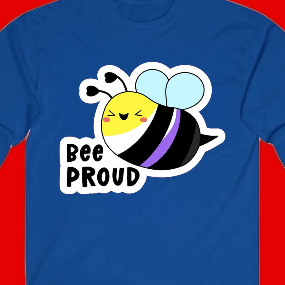Cartoon bee with yellow head, purple-striped black body, and blue wings smiling happily with text 'BEE PROUD' below