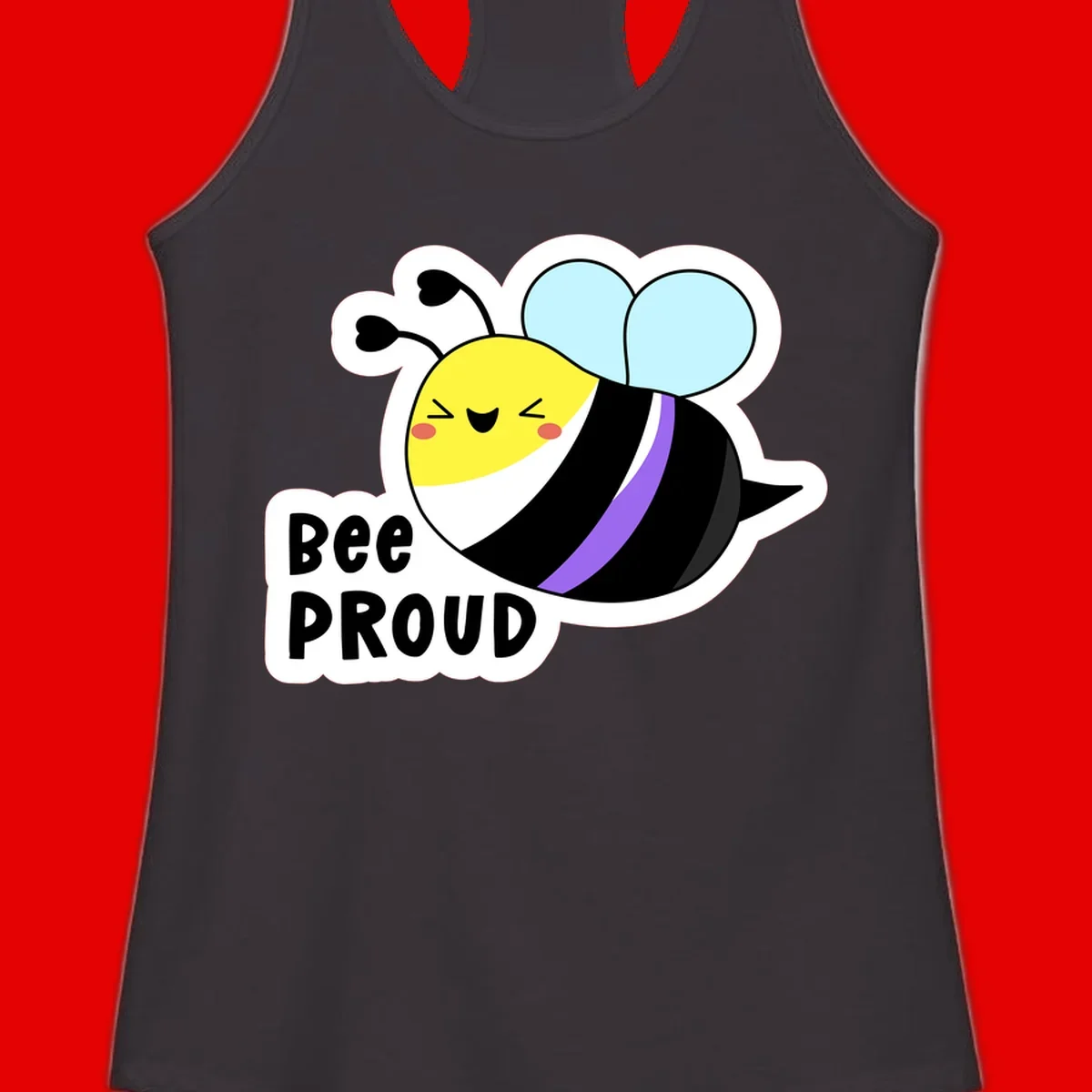 Cartoon bee with yellow head, purple-striped black body, and blue wings smiling happily with text 'BEE PROUD' below
