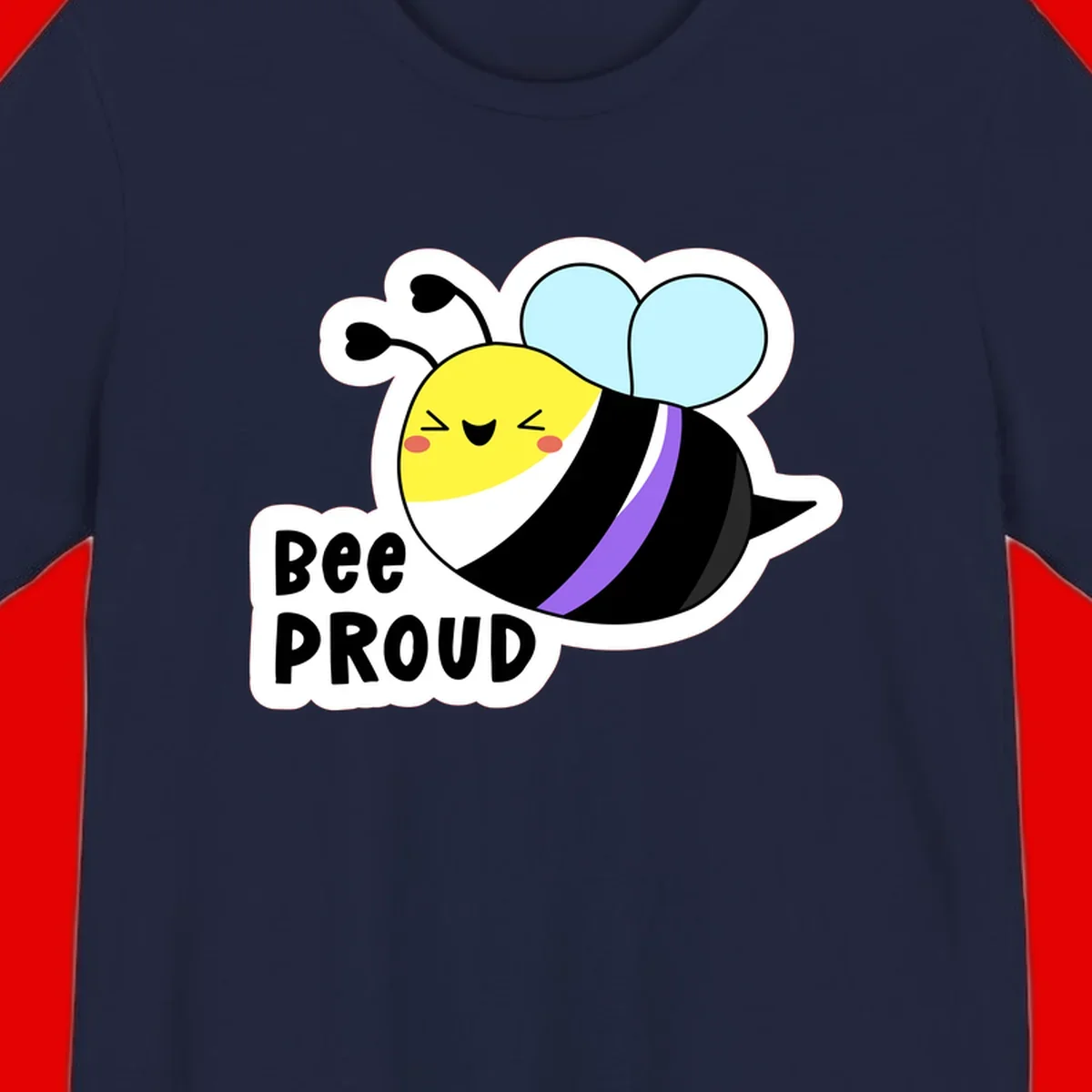 Cartoon bee with yellow head, purple-striped black body, and blue wings smiling happily with text 'BEE PROUD' below