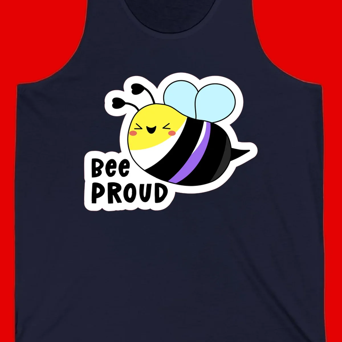 Cartoon bee with yellow head, purple-striped black body, and blue wings smiling happily with text 'BEE PROUD' below