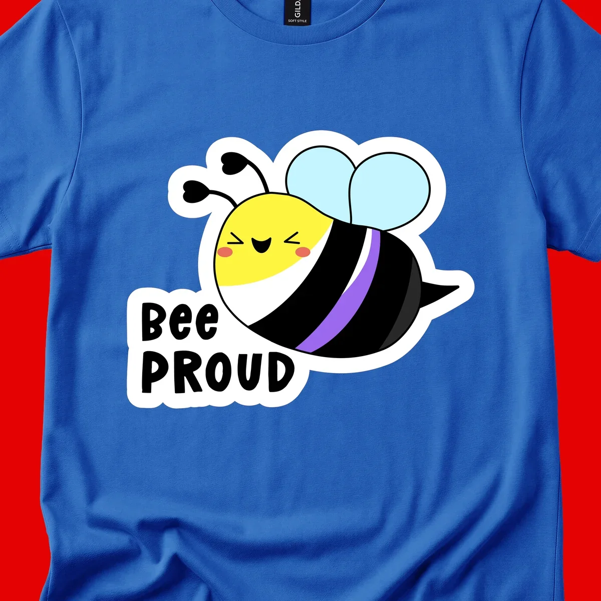 Cartoon bee with yellow head, purple-striped black body, and blue wings smiling happily with text 'BEE PROUD' below
