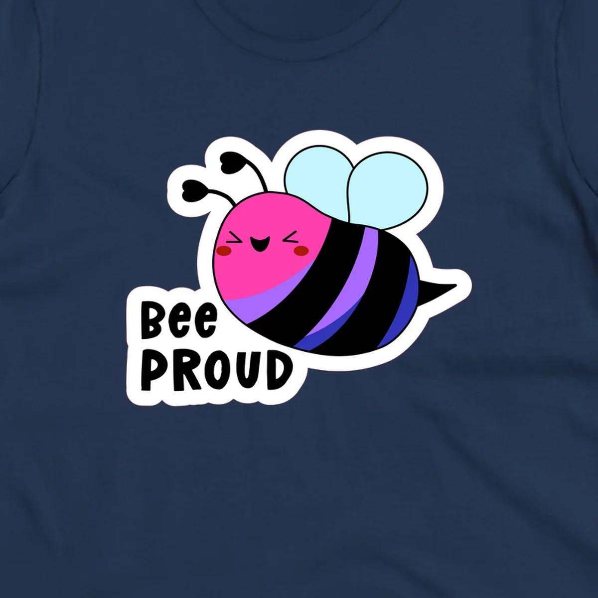 Colorful cartoon bee with pink head, rainbow-striped body, light blue wings, smiling face, and 'BEE PROUD' text