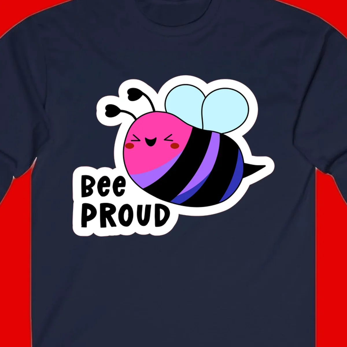 Colorful cartoon bee with pink head, rainbow-striped body, light blue wings, smiling face, and 'BEE PROUD' text