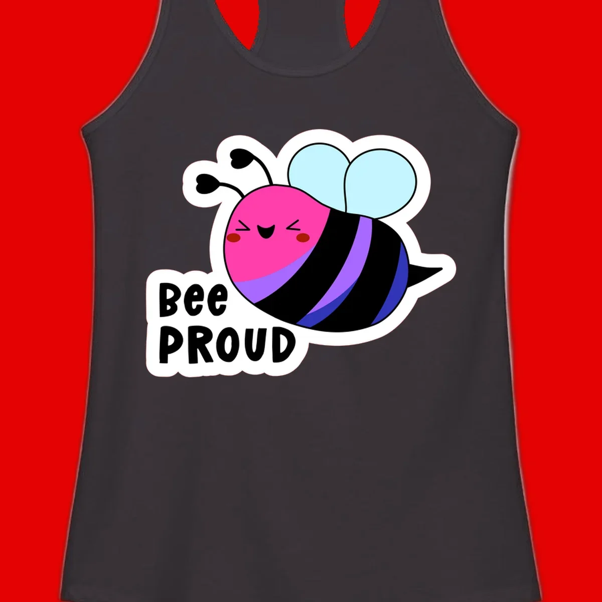 Colorful cartoon bee with pink head, rainbow-striped body, light blue wings, smiling face, and 'BEE PROUD' text