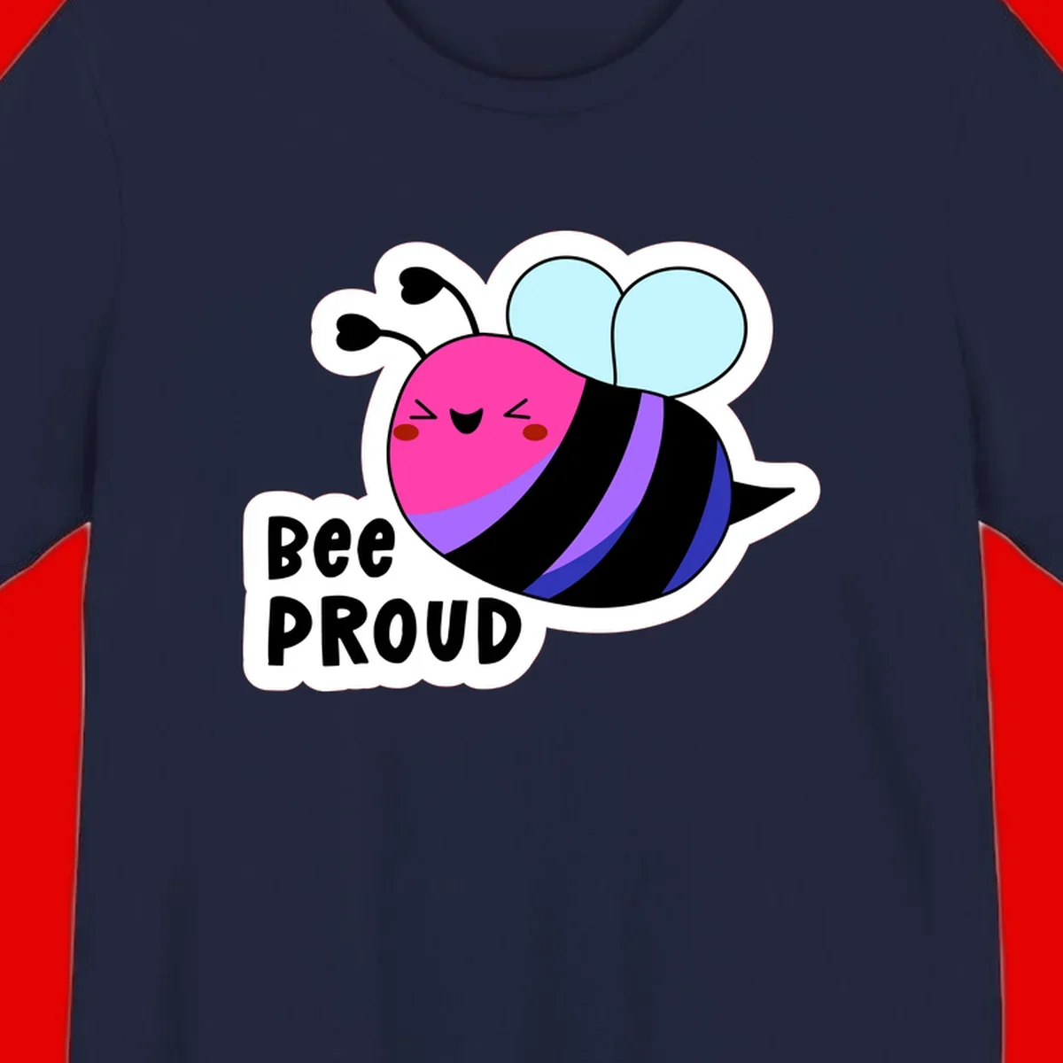 Colorful cartoon bee with pink head, rainbow-striped body, light blue wings, smiling face, and 'BEE PROUD' text