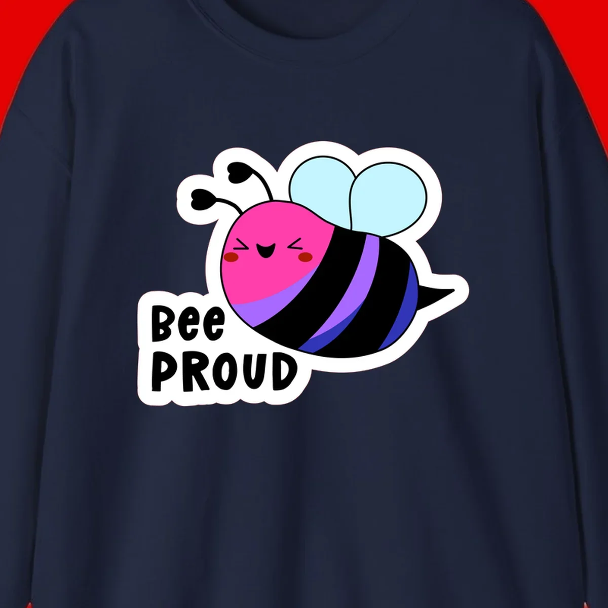 Colorful cartoon bee with pink head, rainbow-striped body, light blue wings, smiling face, and 'BEE PROUD' text