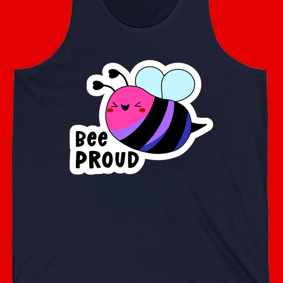 Colorful cartoon bee with pink head, rainbow-striped body, light blue wings, smiling face, and 'BEE PROUD' text