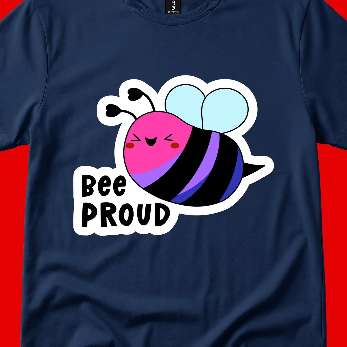 Colorful cartoon bee with pink head, rainbow-striped body, light blue wings, smiling face, and 'BEE PROUD' text