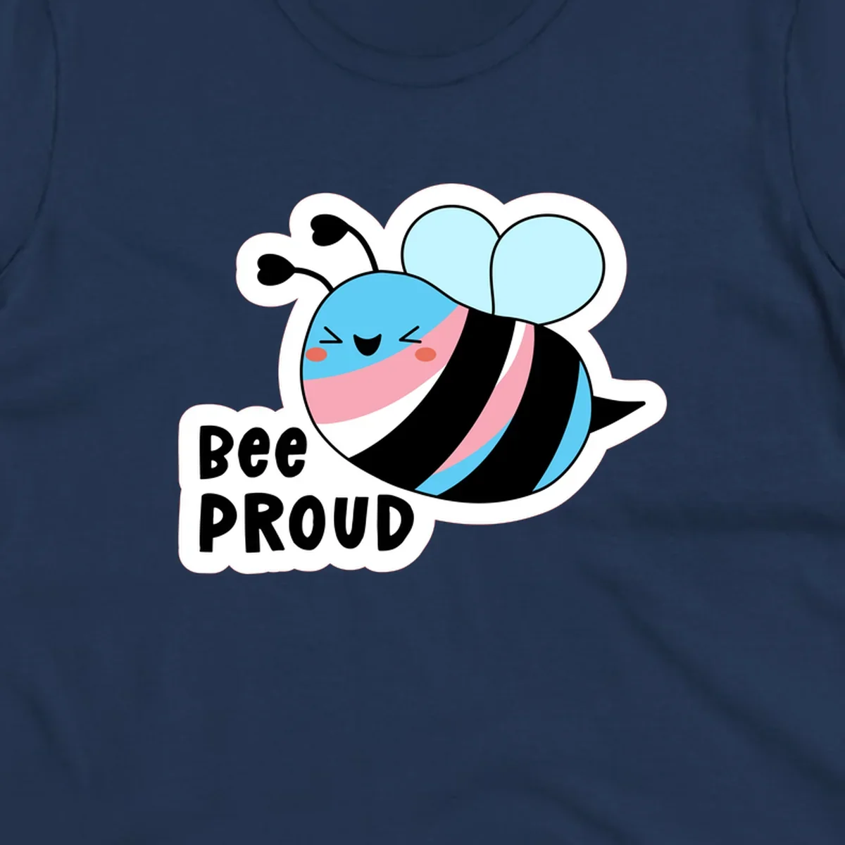 Smiling cartoon bee with blue head, pink mouth, striped body, and light blue wings next to 'Bee Proud' text