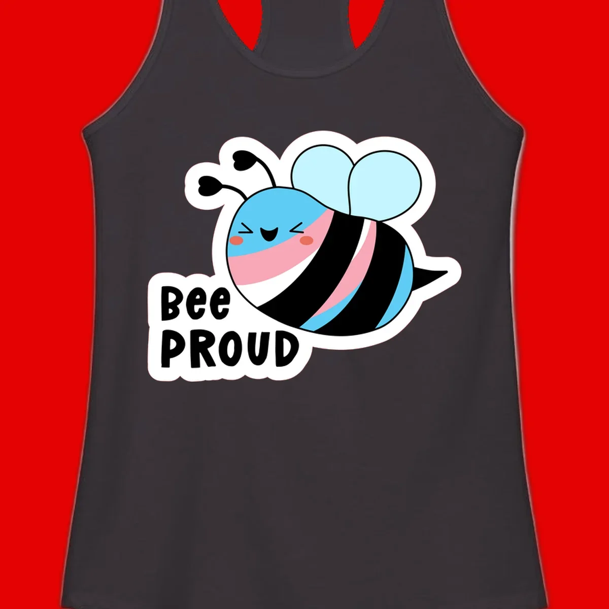 Smiling cartoon bee with blue head, pink mouth, striped body, and light blue wings next to 'Bee Proud' text