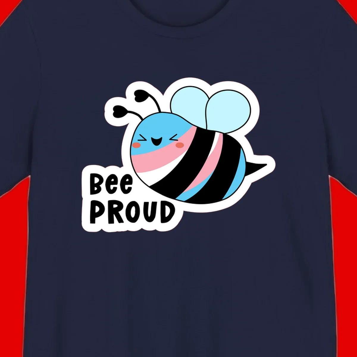Smiling cartoon bee with blue head, pink mouth, striped body, and light blue wings next to 'Bee Proud' text