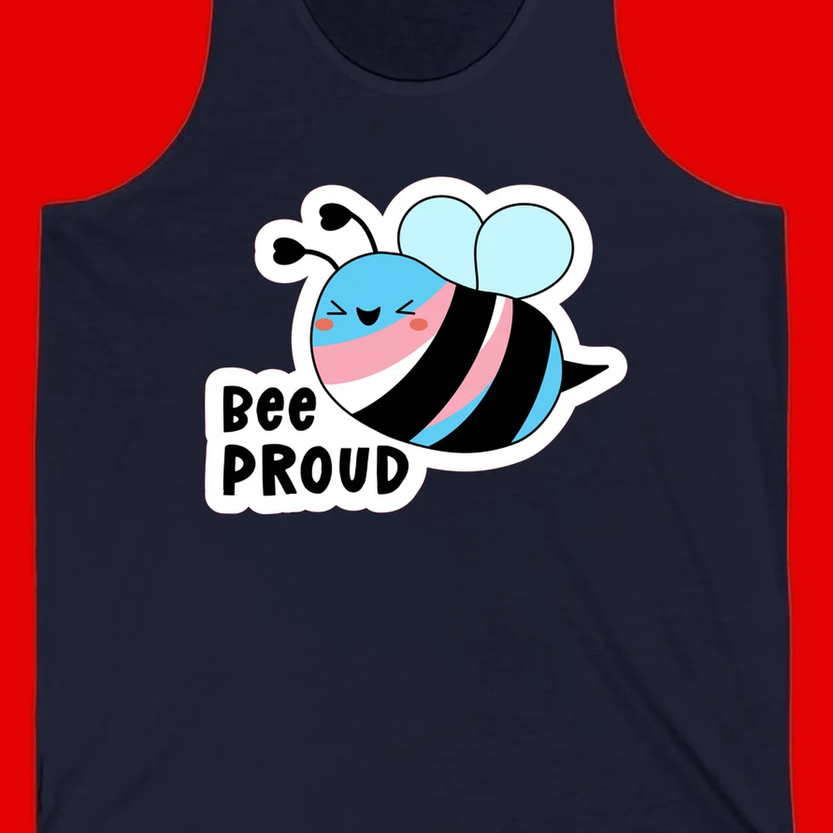 Smiling cartoon bee with blue head, pink mouth, striped body, and light blue wings next to 'Bee Proud' text