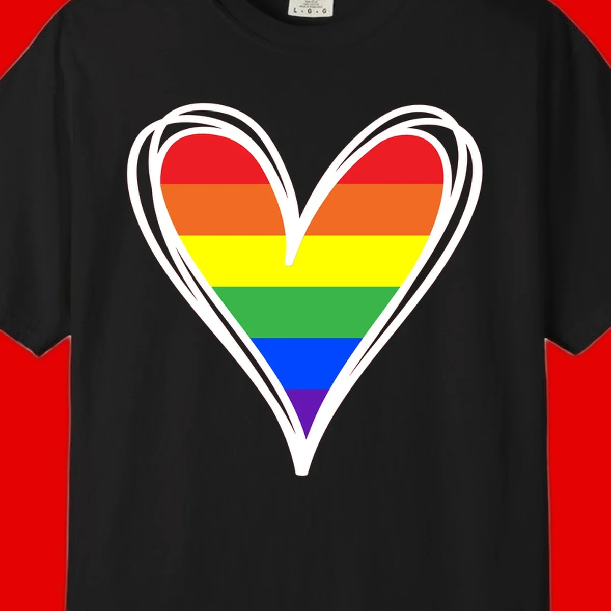 Rainbow heart pride design with horizontal stripes in red, orange, yellow, green, blue, and purple colors outlined in white