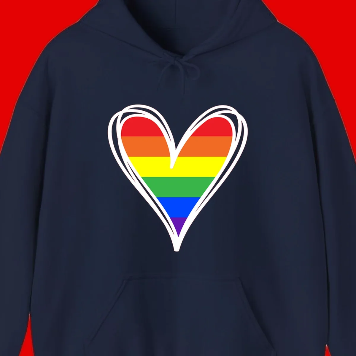 Rainbow heart pride design with horizontal stripes in red, orange, yellow, green, blue, and purple colors outlined in white