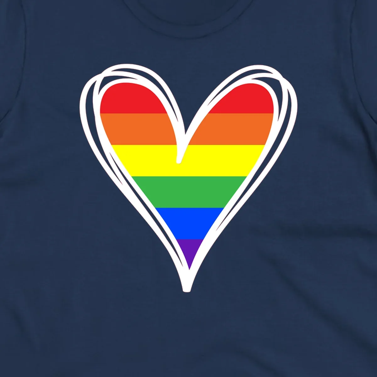 Rainbow heart pride design with horizontal stripes in red, orange, yellow, green, blue, and purple colors outlined in white