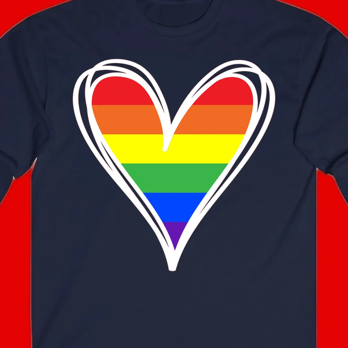 Rainbow heart pride design with horizontal stripes in red, orange, yellow, green, blue, and purple colors outlined in white