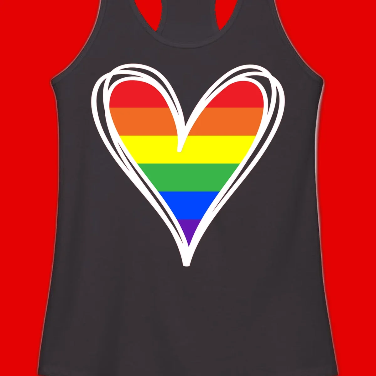 Rainbow heart pride design with horizontal stripes in red, orange, yellow, green, blue, and purple colors outlined in white