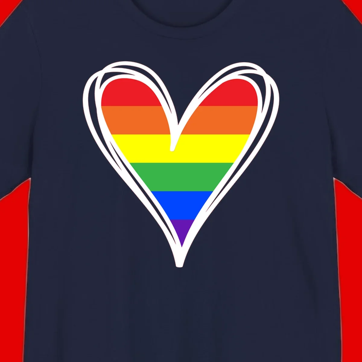 Rainbow heart pride design with horizontal stripes in red, orange, yellow, green, blue, and purple colors outlined in white
