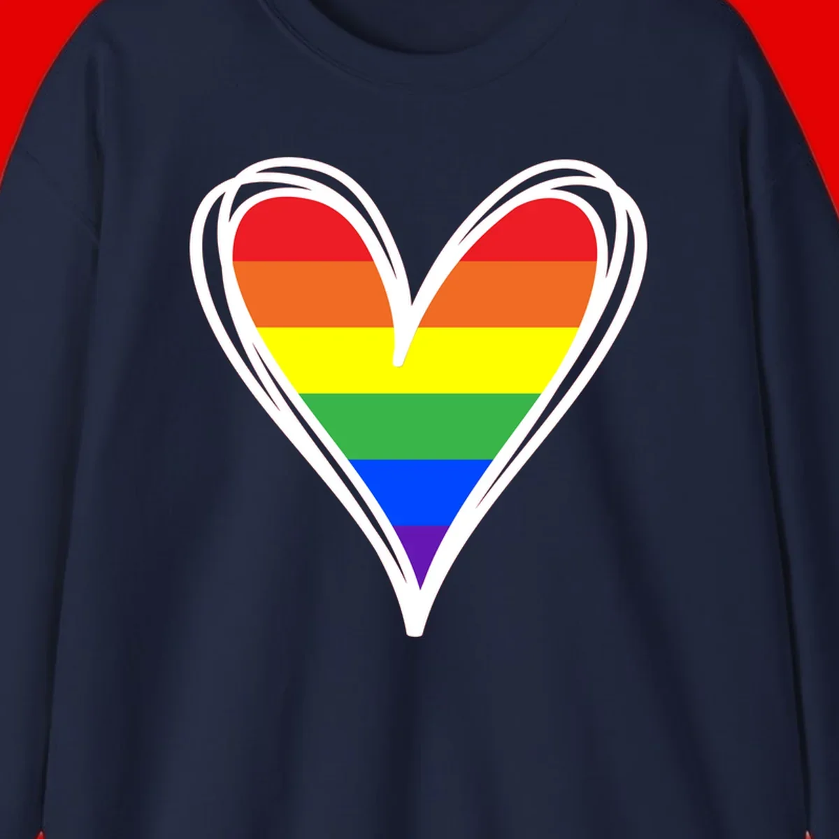 Rainbow heart pride design with horizontal stripes in red, orange, yellow, green, blue, and purple colors outlined in white