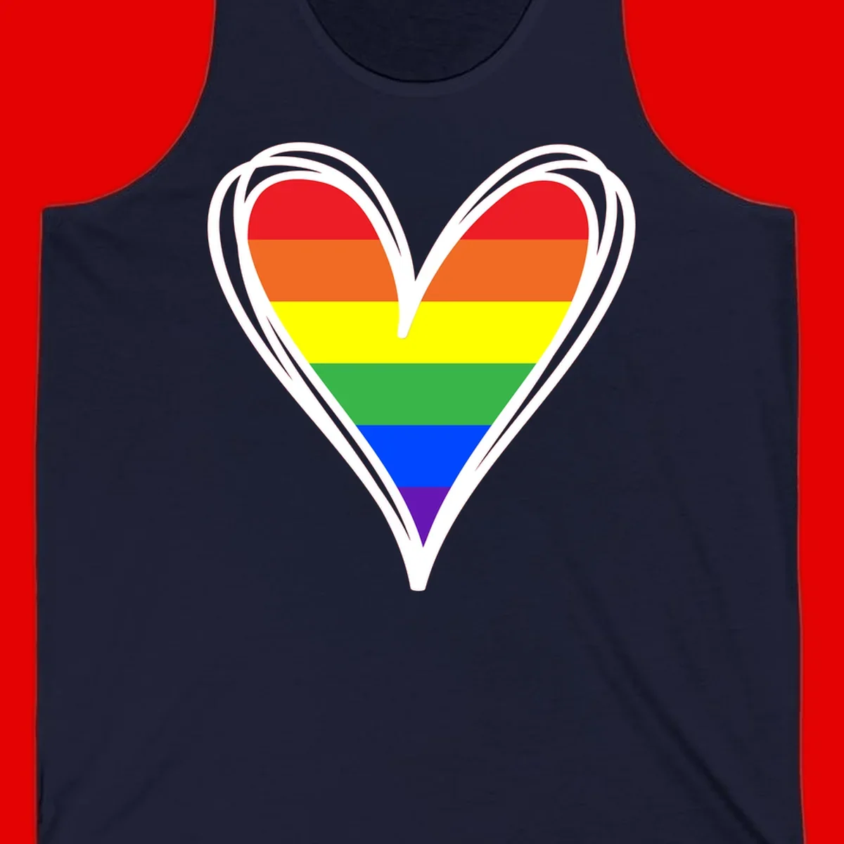 Rainbow heart pride design with horizontal stripes in red, orange, yellow, green, blue, and purple colors outlined in white