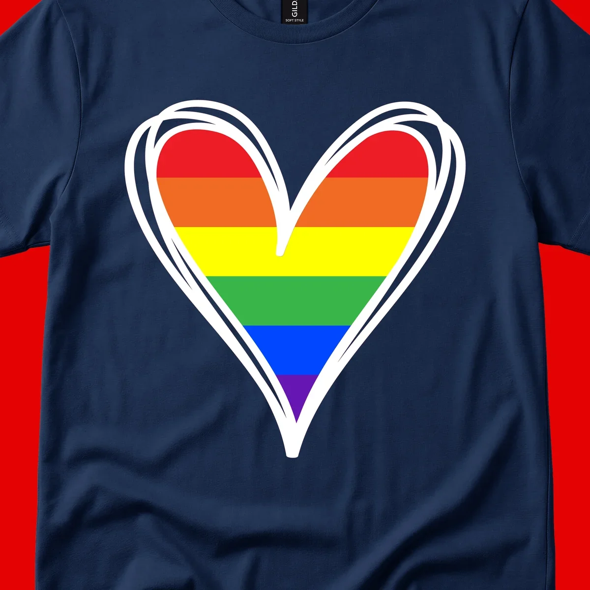 Rainbow heart pride design with horizontal stripes in red, orange, yellow, green, blue, and purple colors outlined in white
