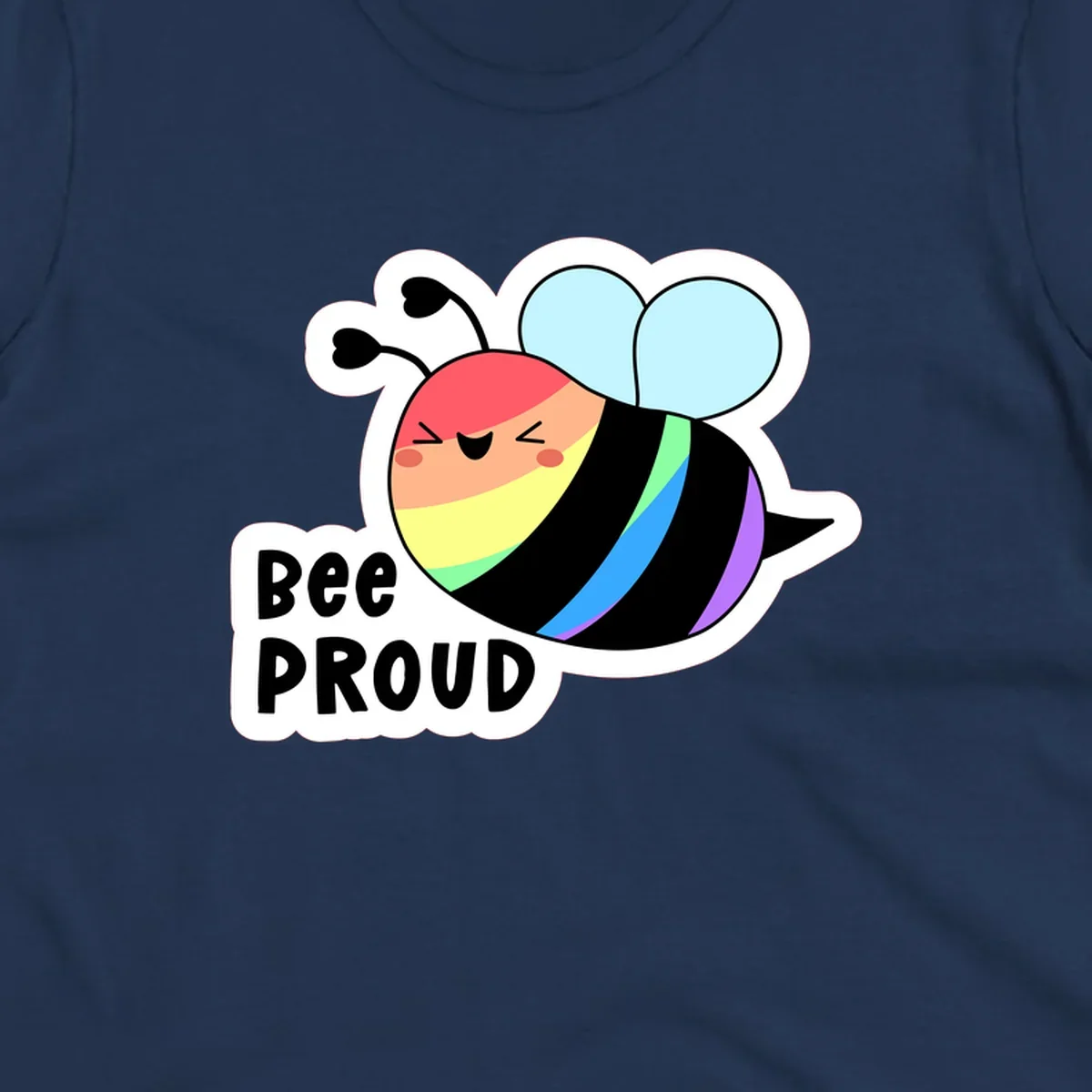 Cartoon bee with rainbow stripes and 'Bee PROUD' text celebrating LGBTQ+ pride