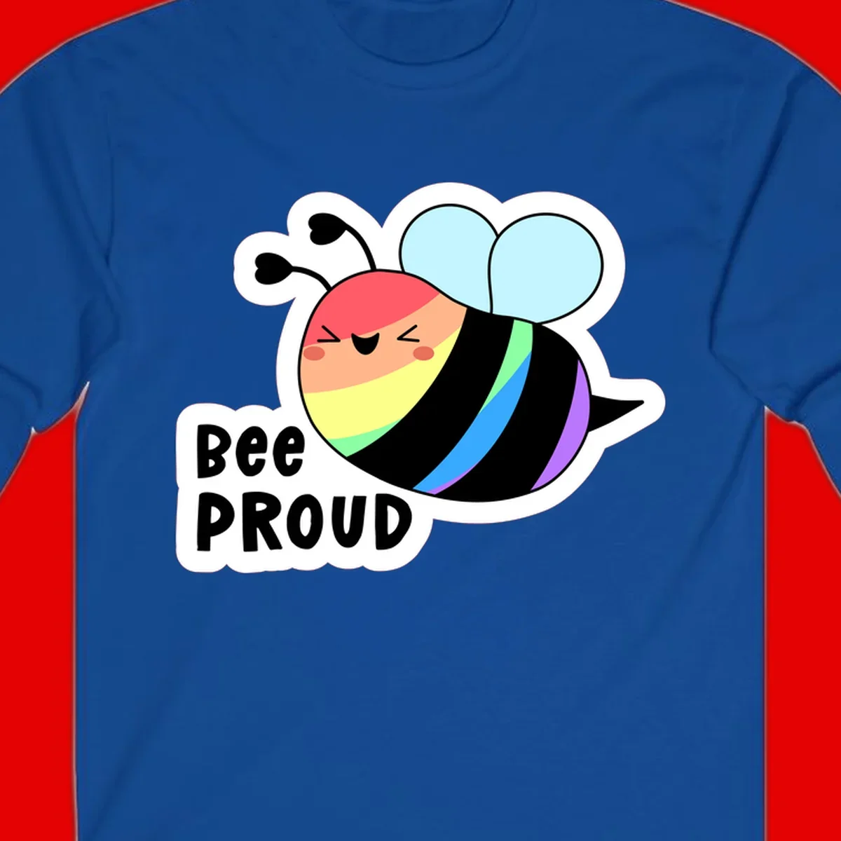 Cartoon bee with rainbow stripes and 'Bee PROUD' text celebrating LGBTQ+ pride