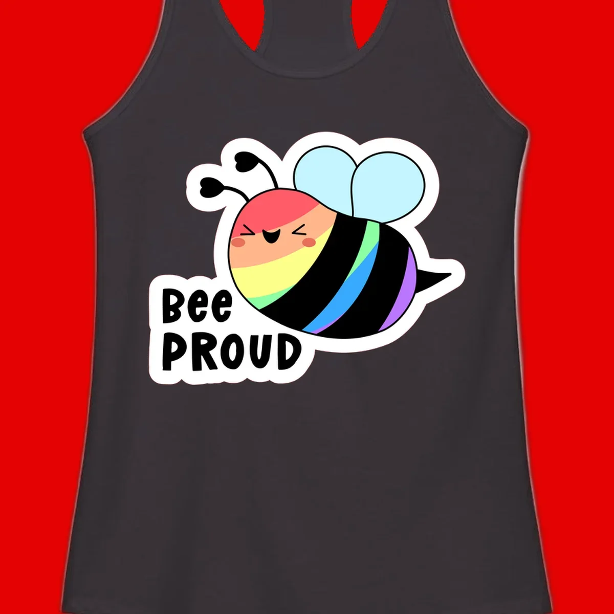 Cartoon bee with rainbow stripes and 'Bee PROUD' text celebrating LGBTQ+ pride