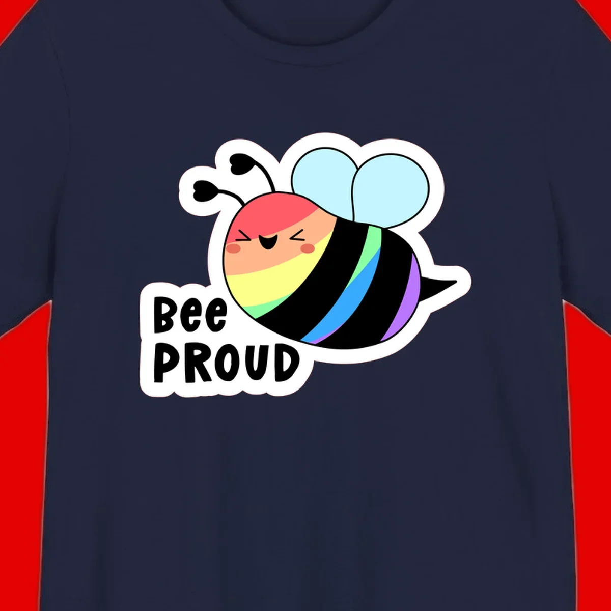 Cartoon bee with rainbow stripes and 'Bee PROUD' text celebrating LGBTQ+ pride