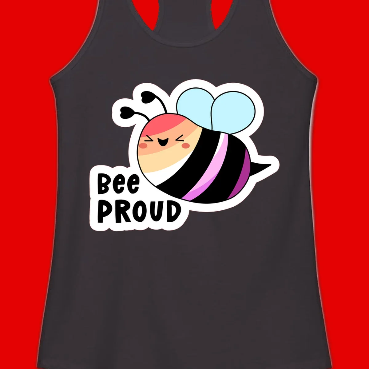 Cheerful cartoon bee with peach face and pink-striped body next to 'Bee Proud' text celebrating pride and individuality