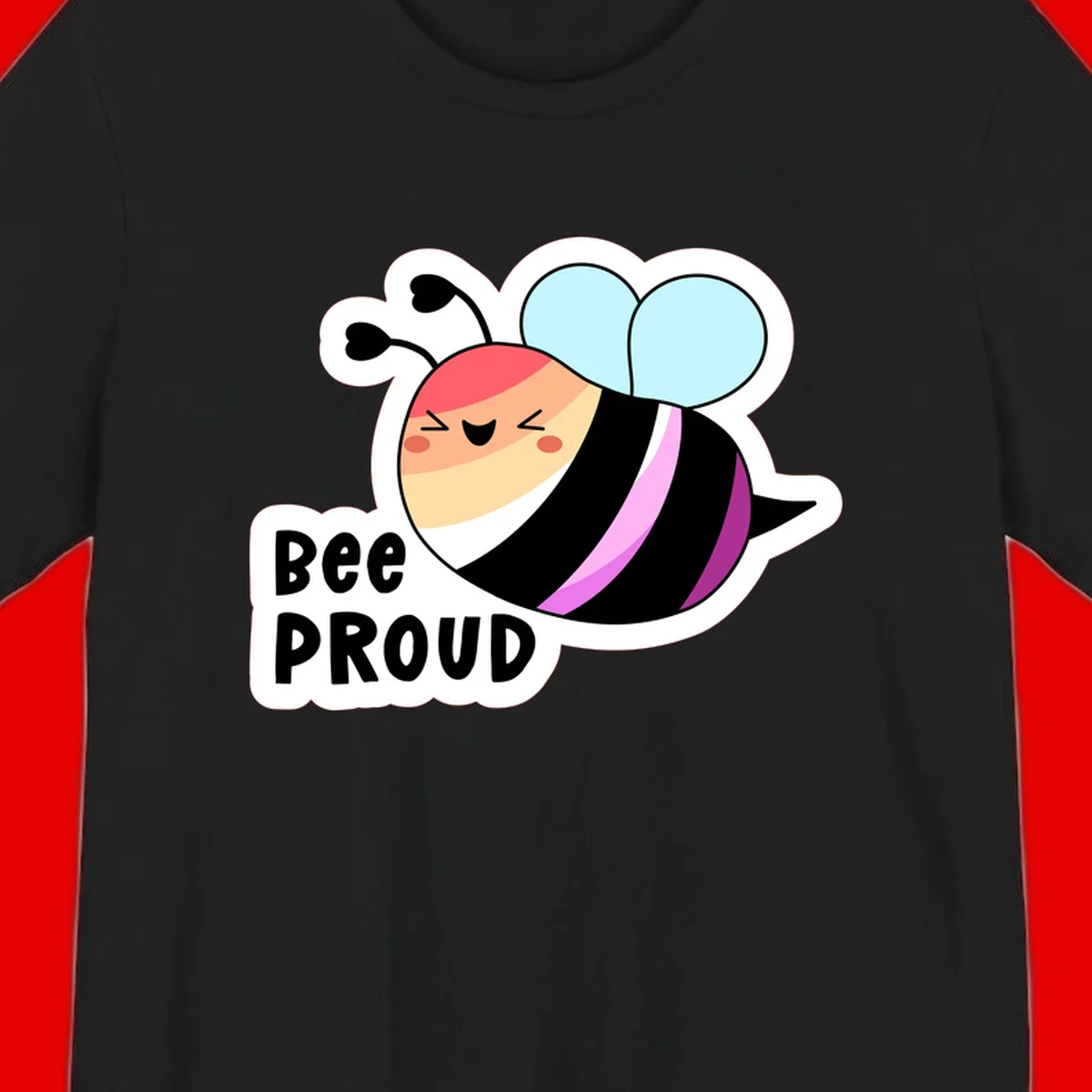 Cheerful cartoon bee with peach face and pink-striped body next to 'Bee Proud' text celebrating pride and individuality