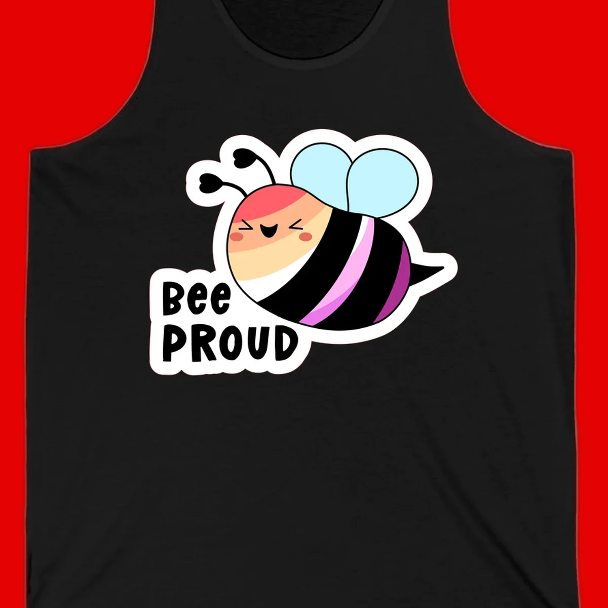 Cheerful cartoon bee with peach face and pink-striped body next to 'Bee Proud' text celebrating pride and individuality