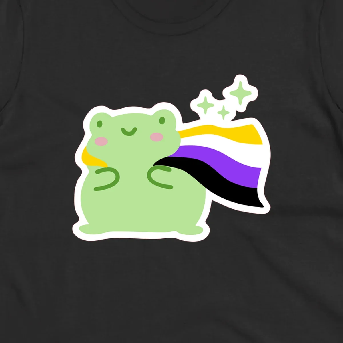 Cute green frog with pink cheeks wearing a yellow, purple, and black rainbow cape with floating sparkle stars