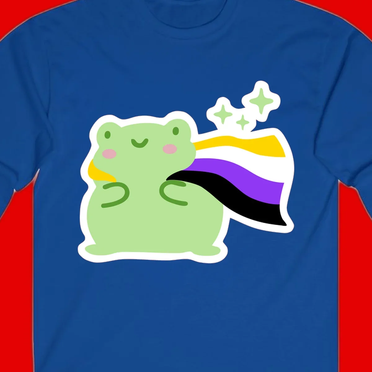 Cute green frog with pink cheeks wearing a yellow, purple, and black rainbow cape with floating sparkle stars