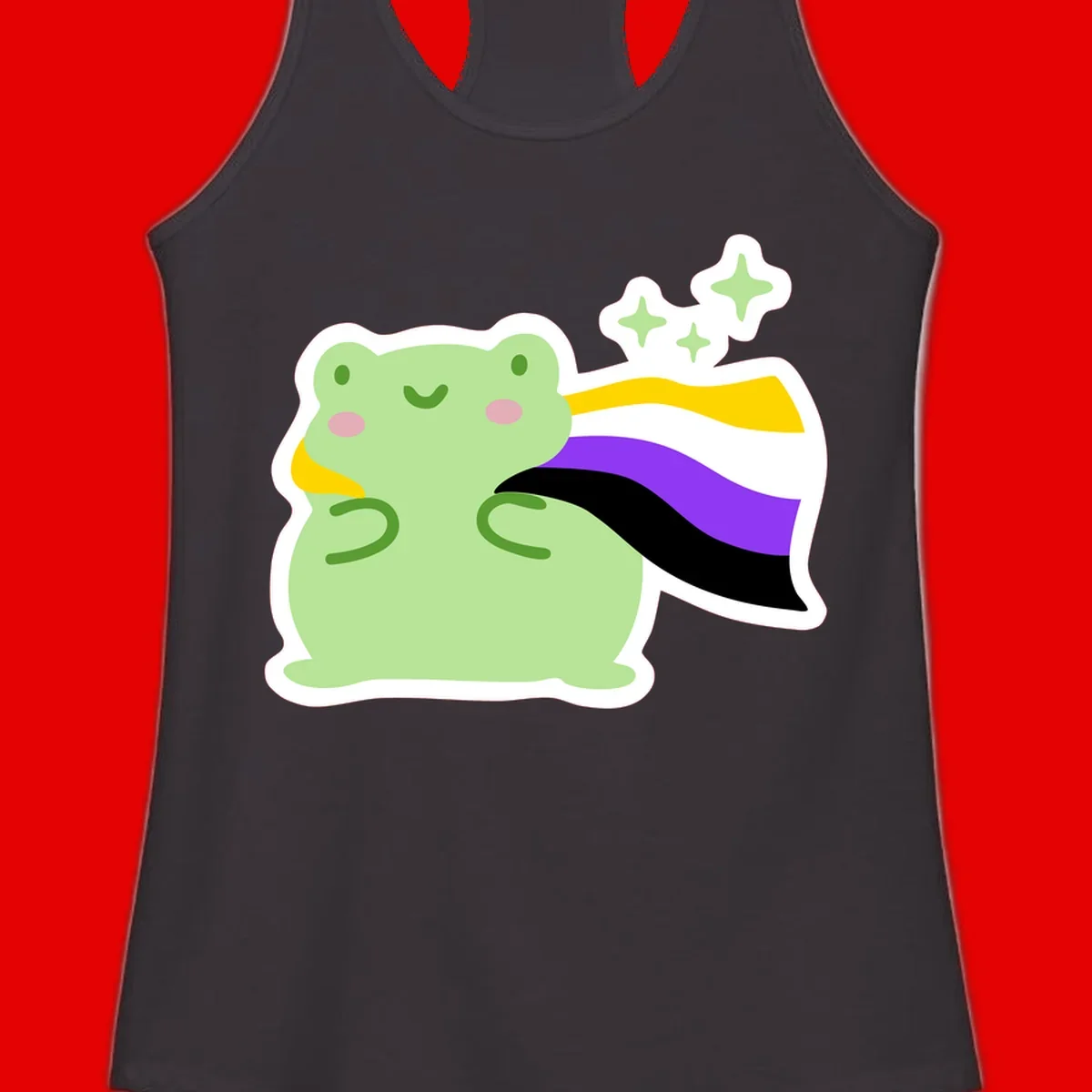 Cute green frog with pink cheeks wearing a yellow, purple, and black rainbow cape with floating sparkle stars