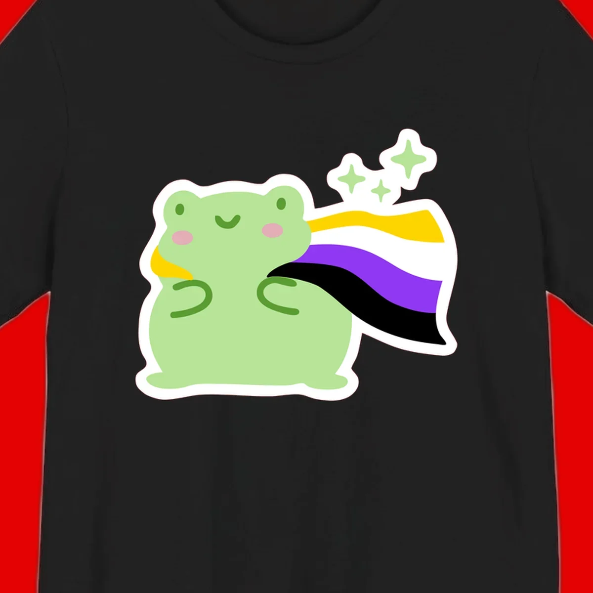 Cute green frog with pink cheeks wearing a yellow, purple, and black rainbow cape with floating sparkle stars
