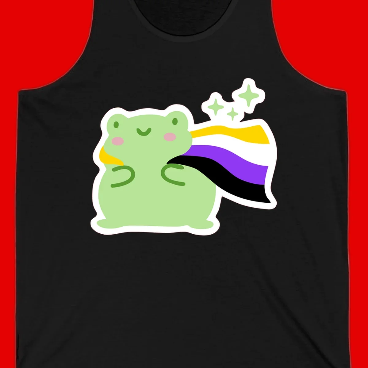 Cute green frog with pink cheeks wearing a yellow, purple, and black rainbow cape with floating sparkle stars