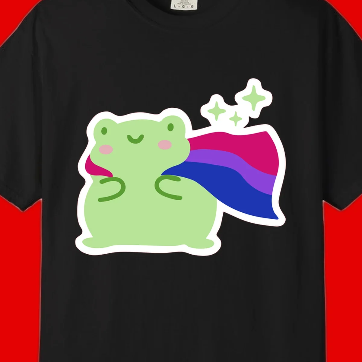 Smiling green frog wearing a flowing rainbow cape with floating sparkles, pride-frog-cape design illustration