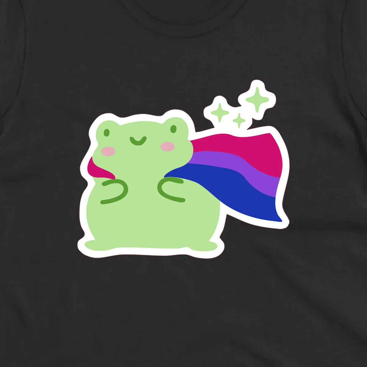 Smiling green frog wearing a flowing rainbow cape with floating sparkles, pride-frog-cape design illustration