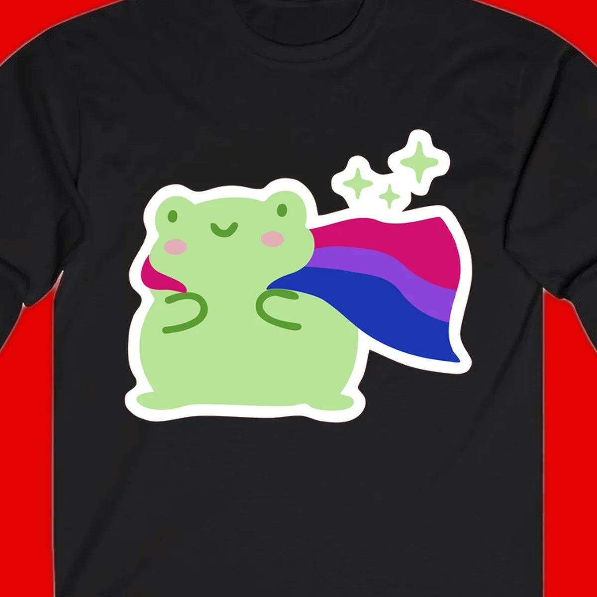 Smiling green frog wearing a flowing rainbow cape with floating sparkles, pride-frog-cape design illustration