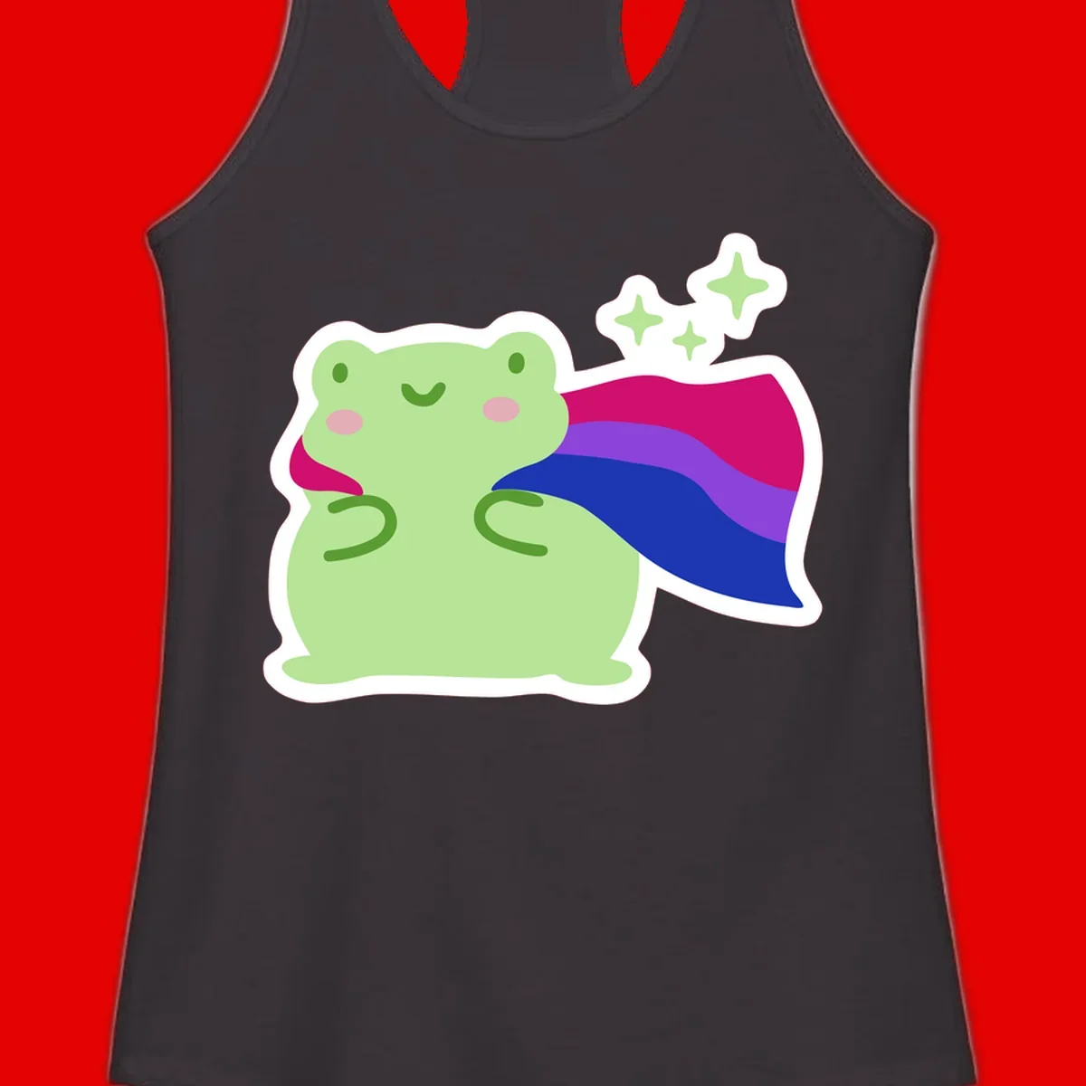 Smiling green frog wearing a flowing rainbow cape with floating sparkles, pride-frog-cape design illustration